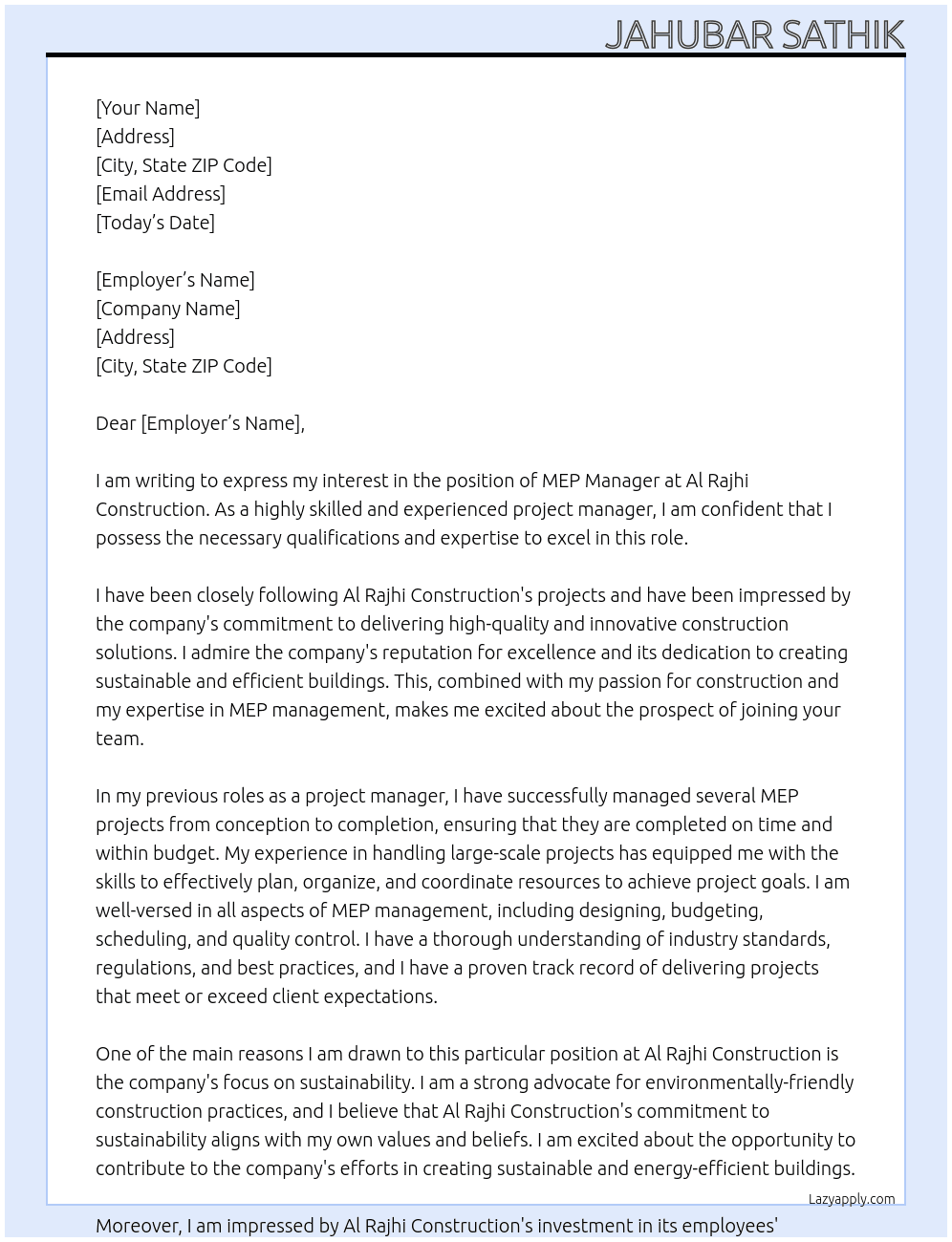 MEP Manager At Al Rajhi Construction Cover Letter