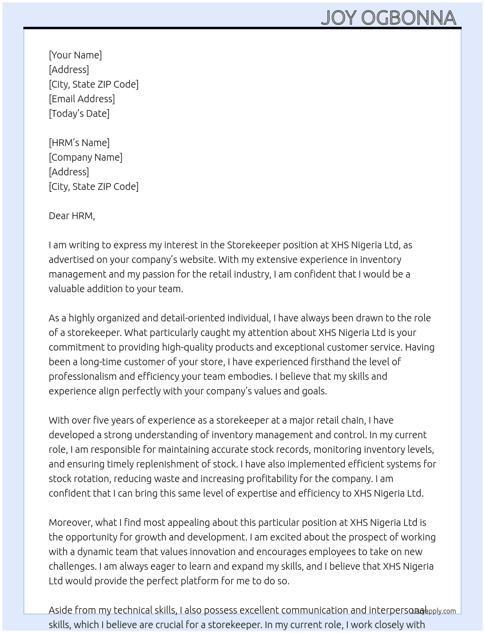 Storekeeper  At XHS Nigeria Ltd  Cover Letter