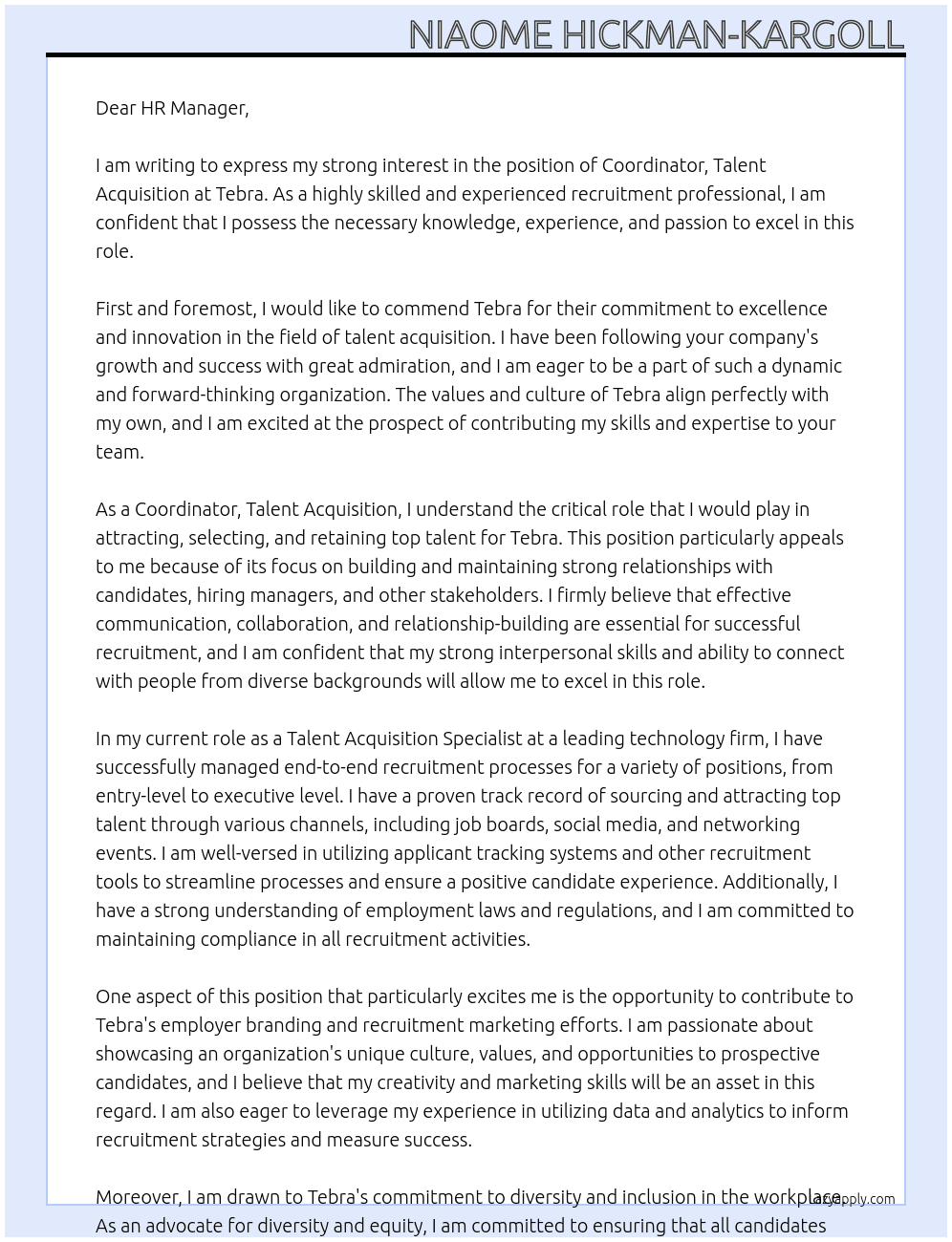 Coordinator, Talent Acquisition At Tebra Cover Letter