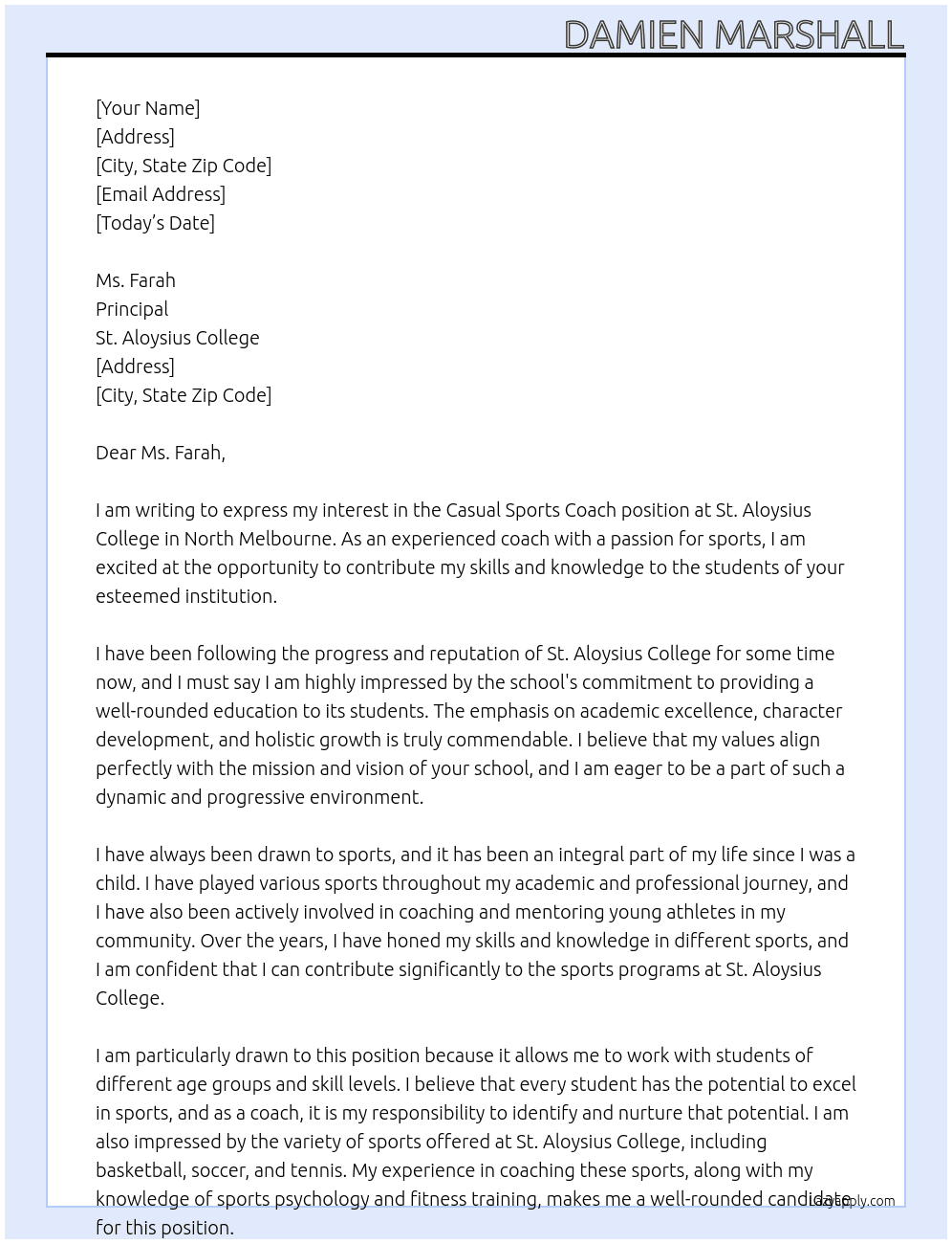 Casual Sports Coach At St Aloysius College, North Melbourne Cover Letter