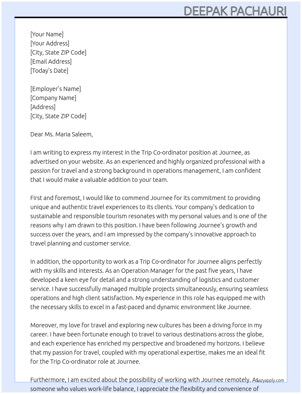 Trip Co-ordinator At Journee Cover Letter