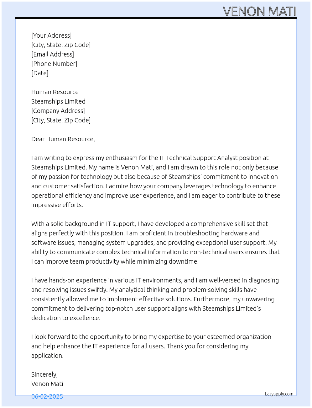 Cover letter for it technical support analyst - LazyApply