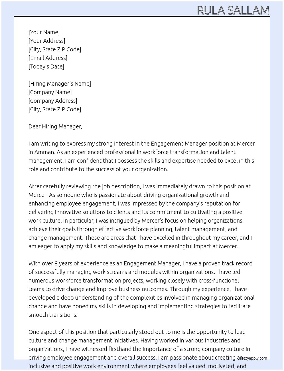 Engagement Manager At Mercer Cover Letter