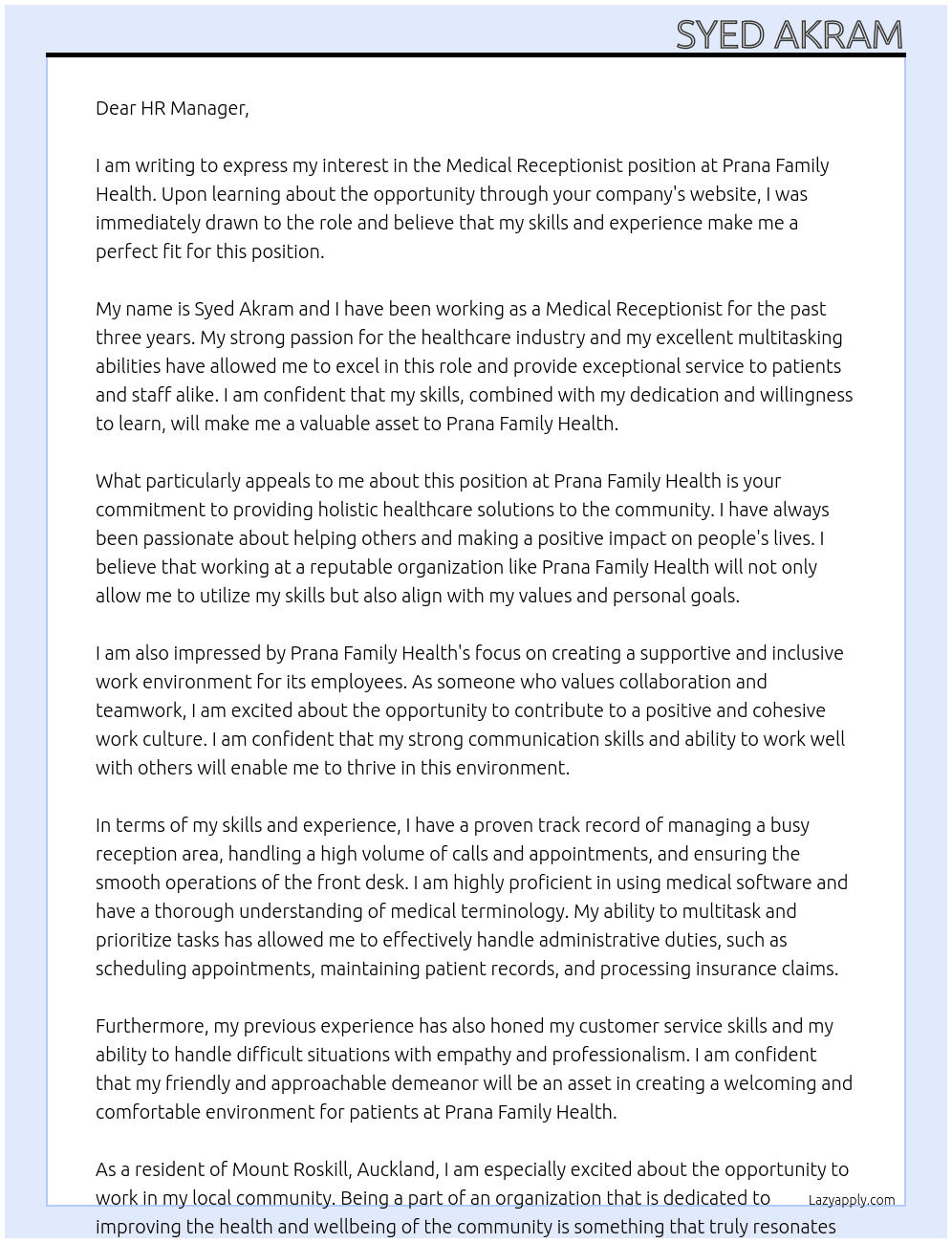 Medical receptionist At Prana family health  Cover Letter