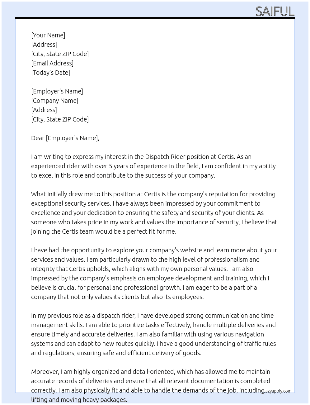 Dispatch rider At Certis Cover Letter