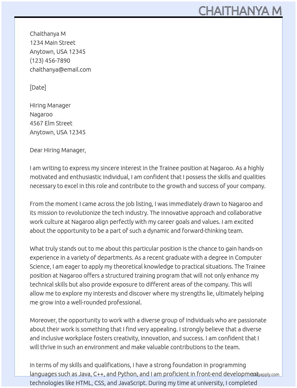Trainee At Nagaroo Cover Letter
