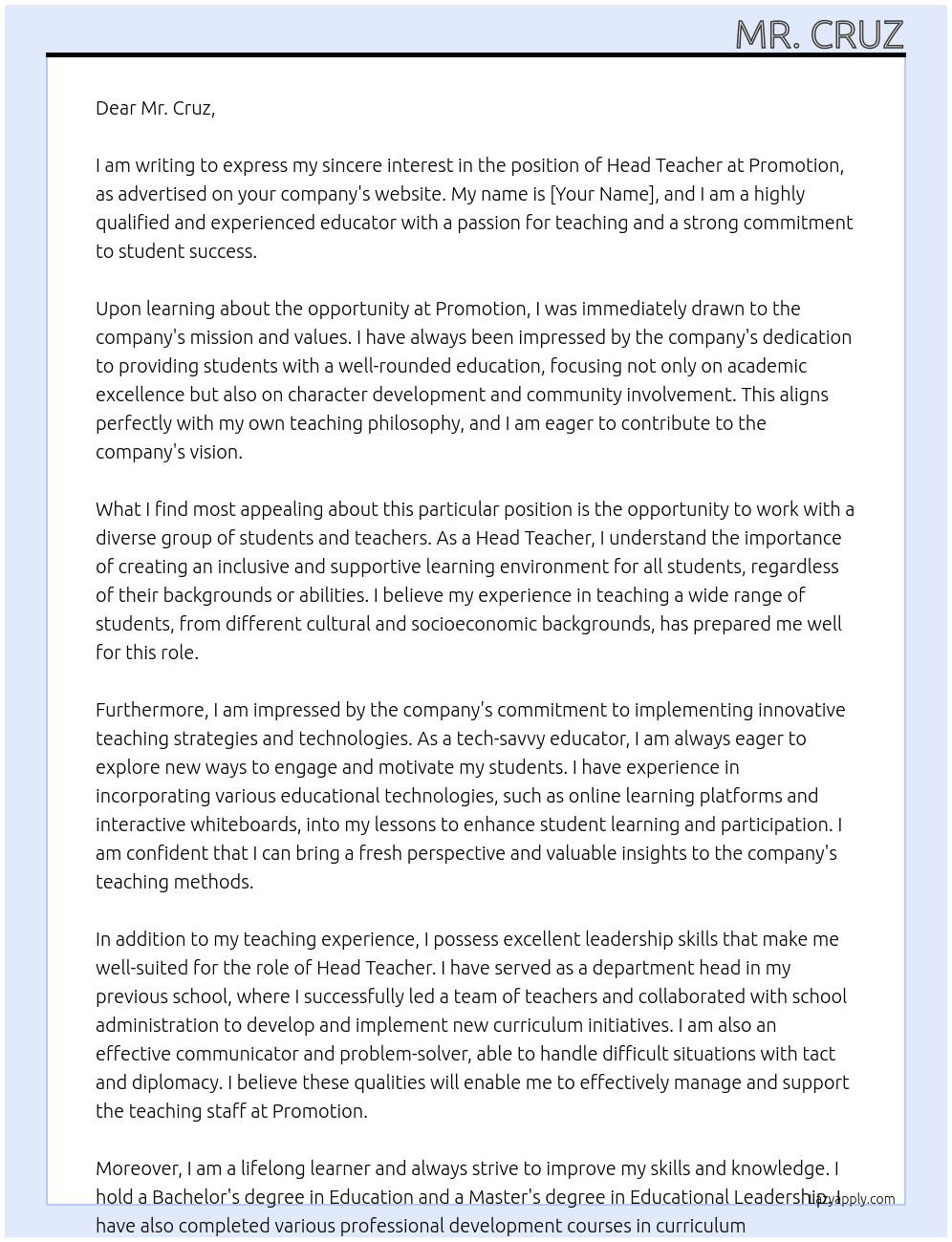 HEAD TEACHER At Promotion Cover Letter