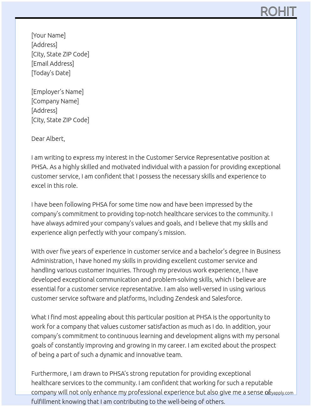 customer service representitivve At phsa Cover Letter