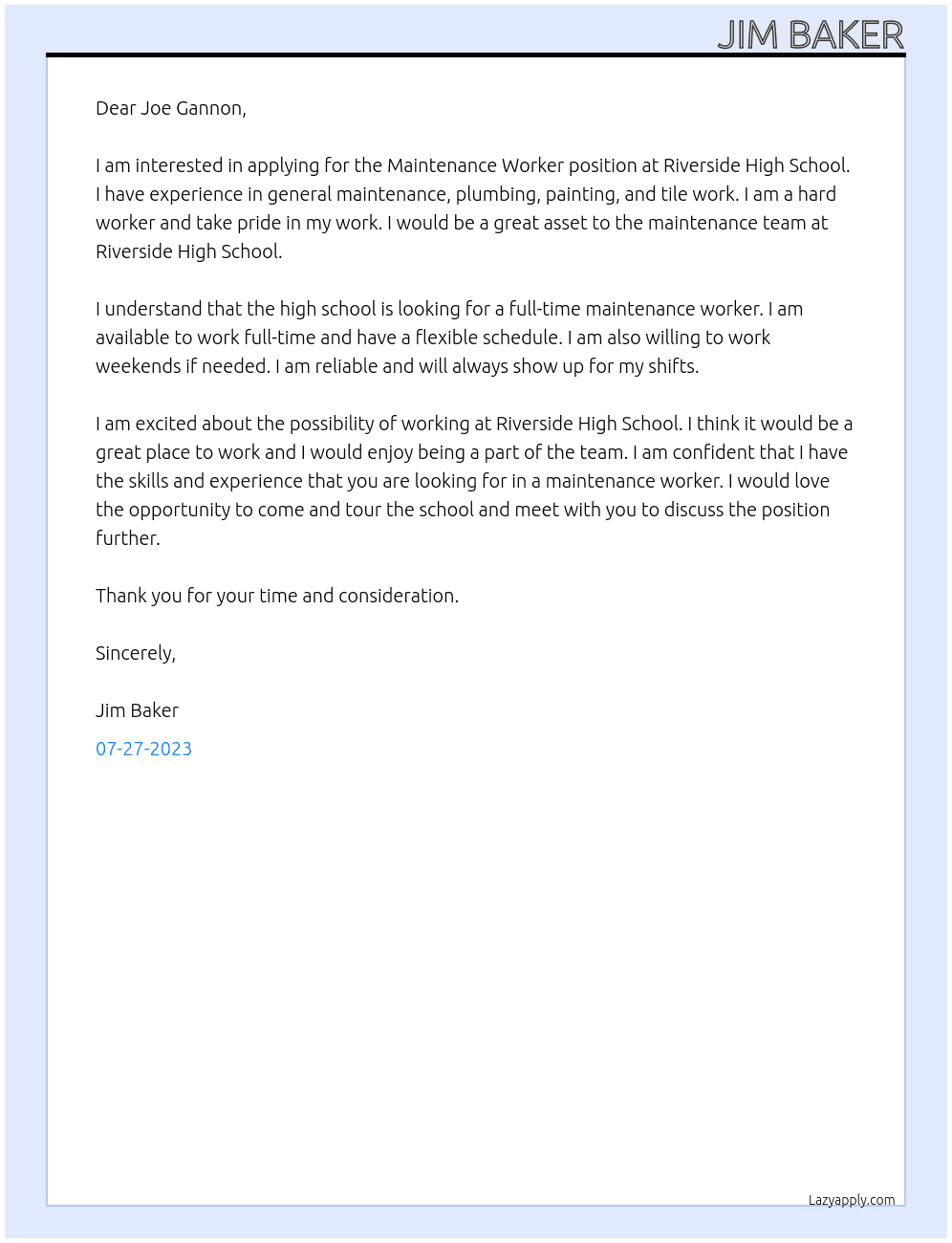 Maintenance Worker At Riverside Hight School Cover Letter