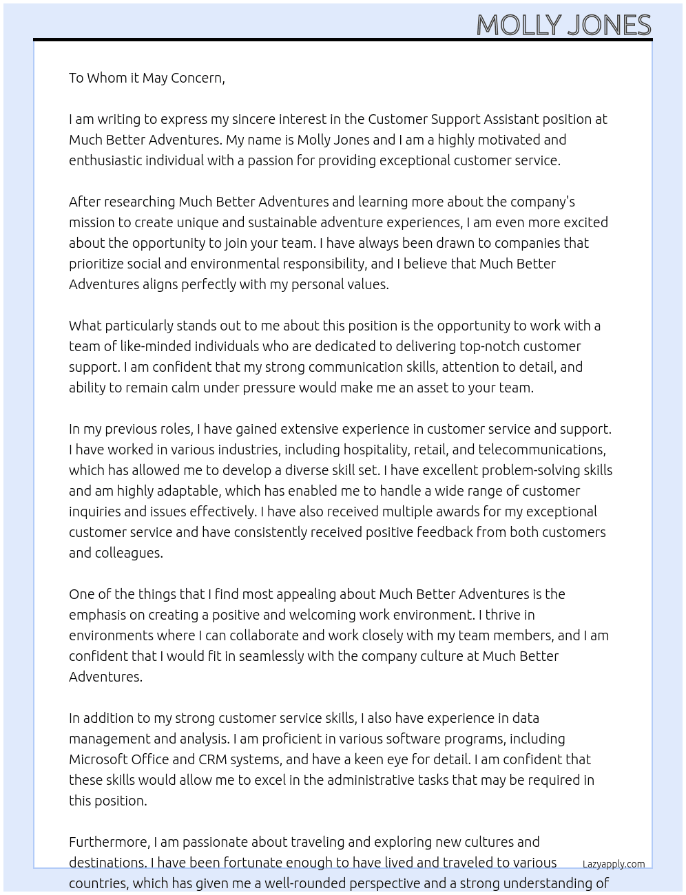 Customer Support Assistant At Much Better Adventures Cover Letter
