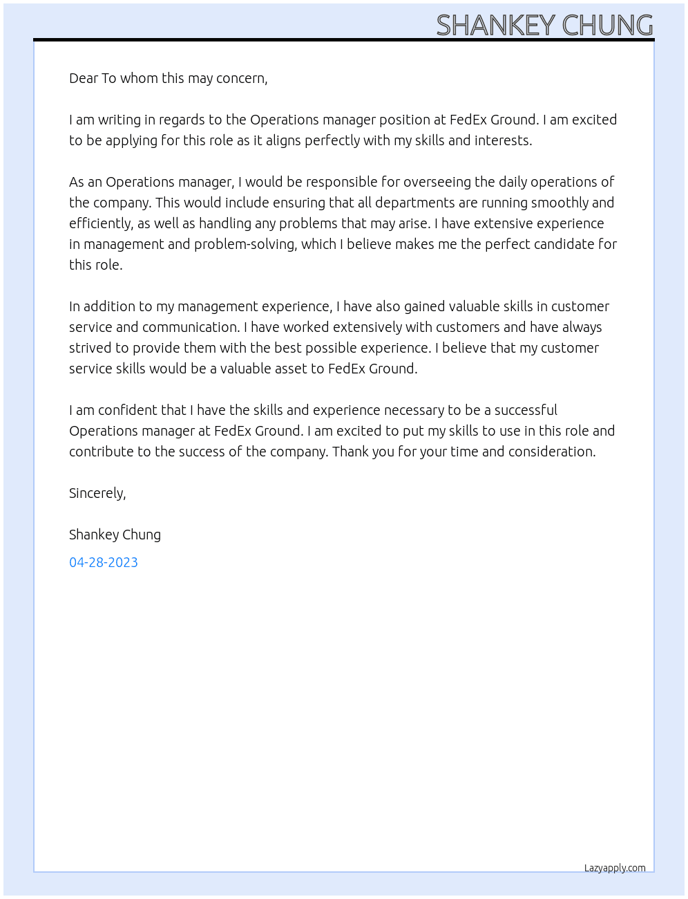 Operations manager  At FedEx Ground Cover Letter