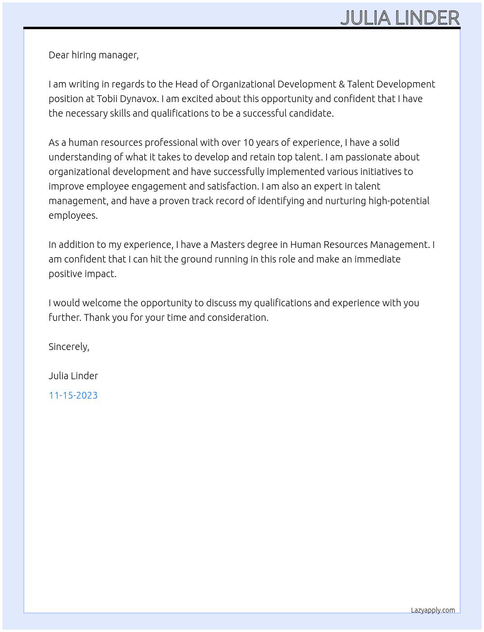 Head of Organizational Development & Talent Development At Tobii Dynavox Cover Letter