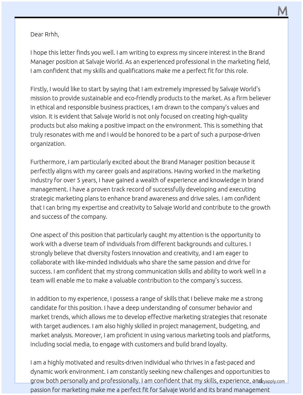 Brand Manager At Salvaje World Cover Letter