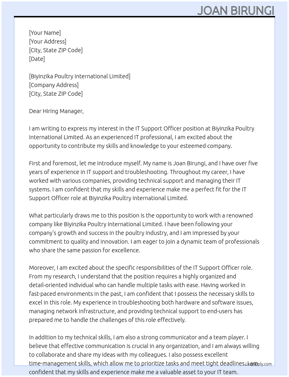 IT SUPPORT OFFICER At BIRUNGI JOAN Cover Letter