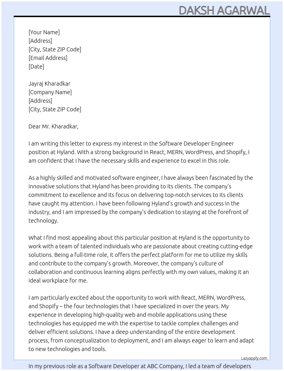 Software Developer Engineer At Hyland Cover Letter