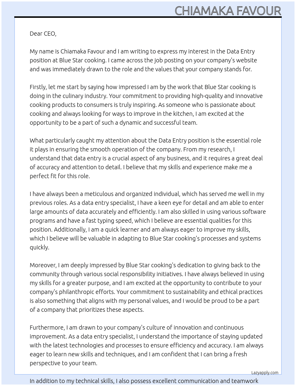 Data Entry  At Blue Star cooking Cover Letter