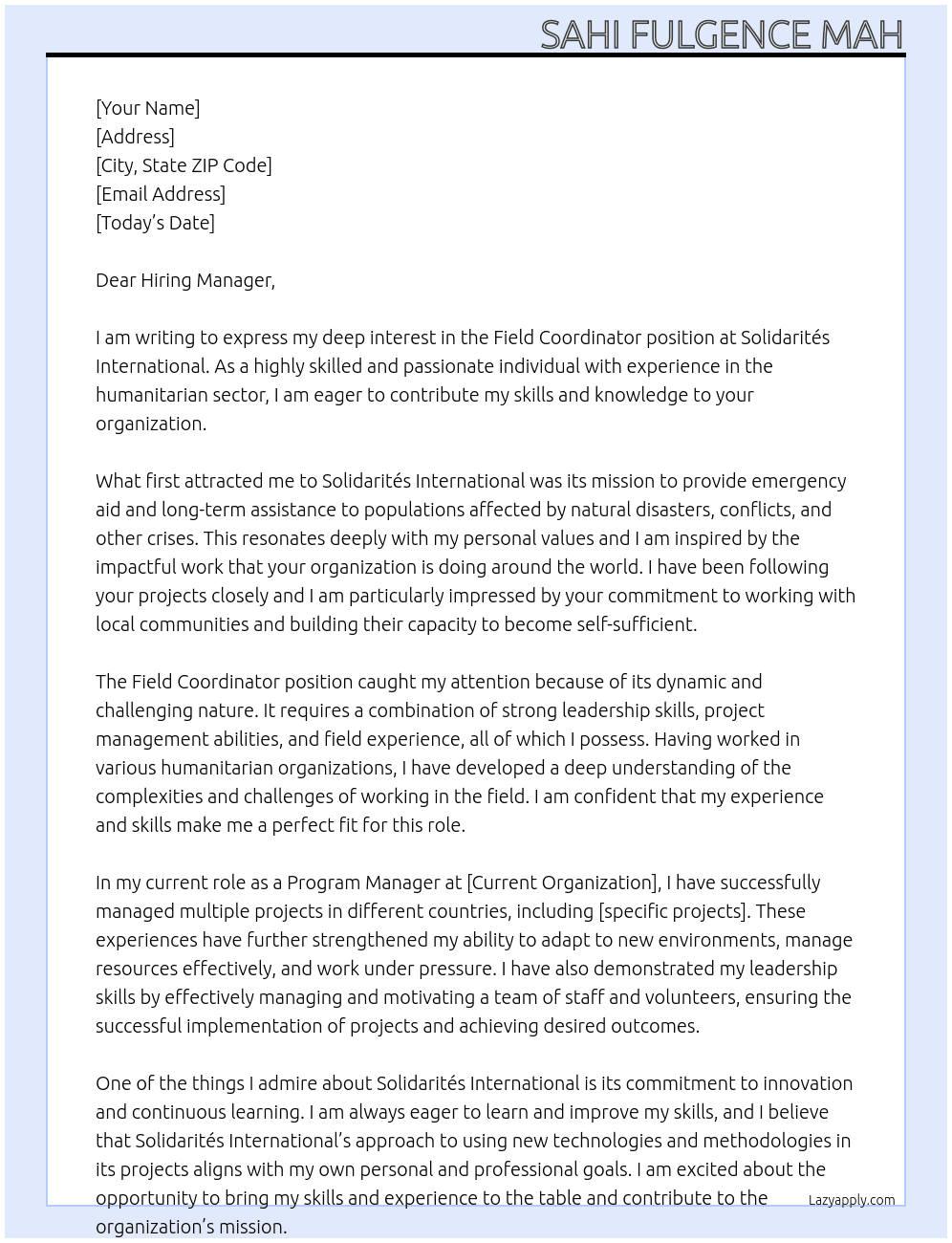 Field Coordinator At Solidarités International Cover Letter