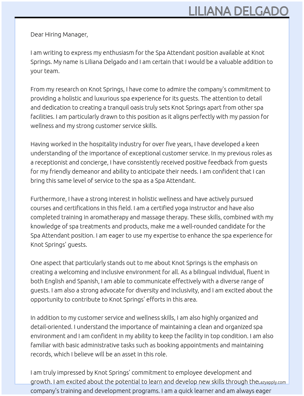 Spa Attendant At Knot Springs Cover Letter