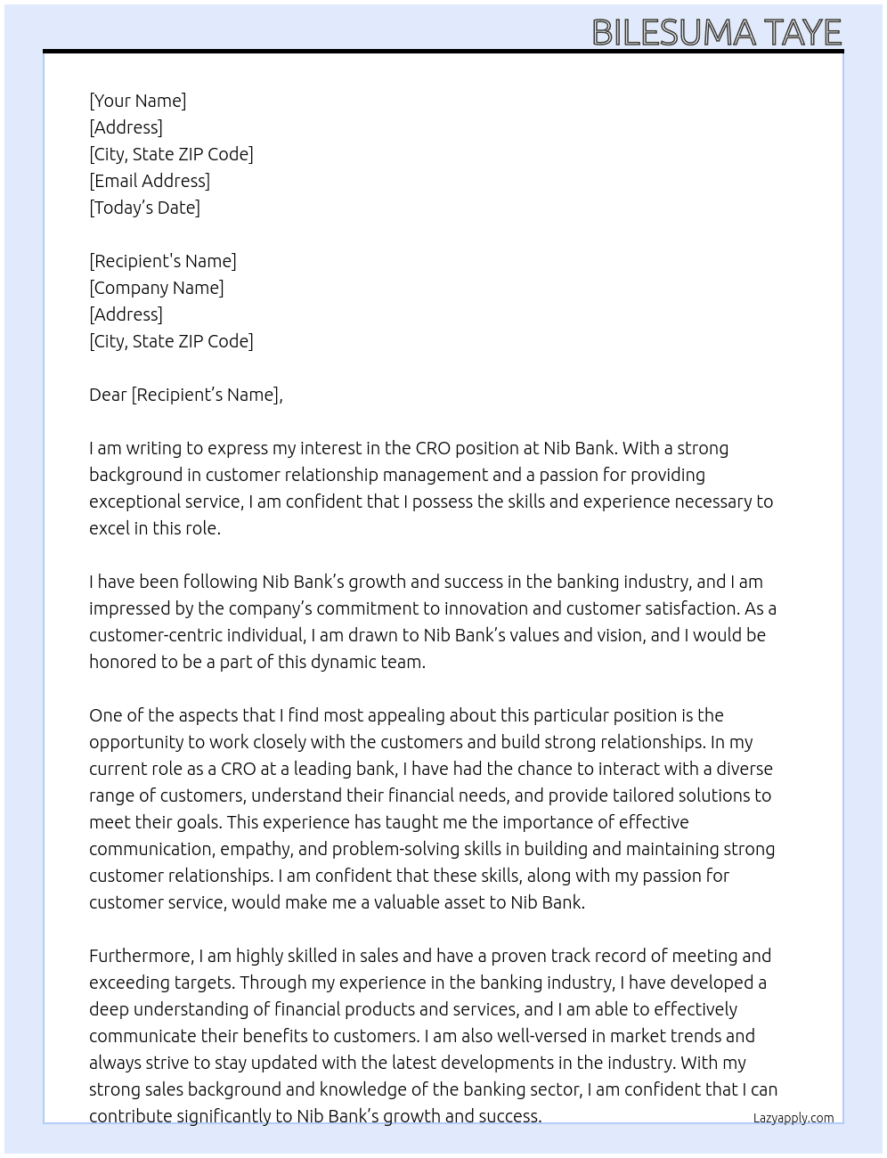 CRO At Nib Bank Cover Letter