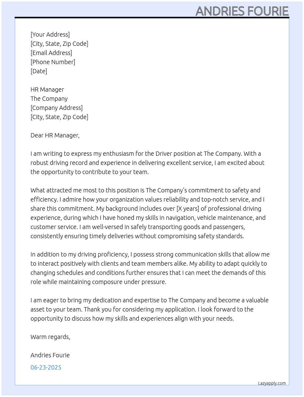 Driver At The company Cover Letter