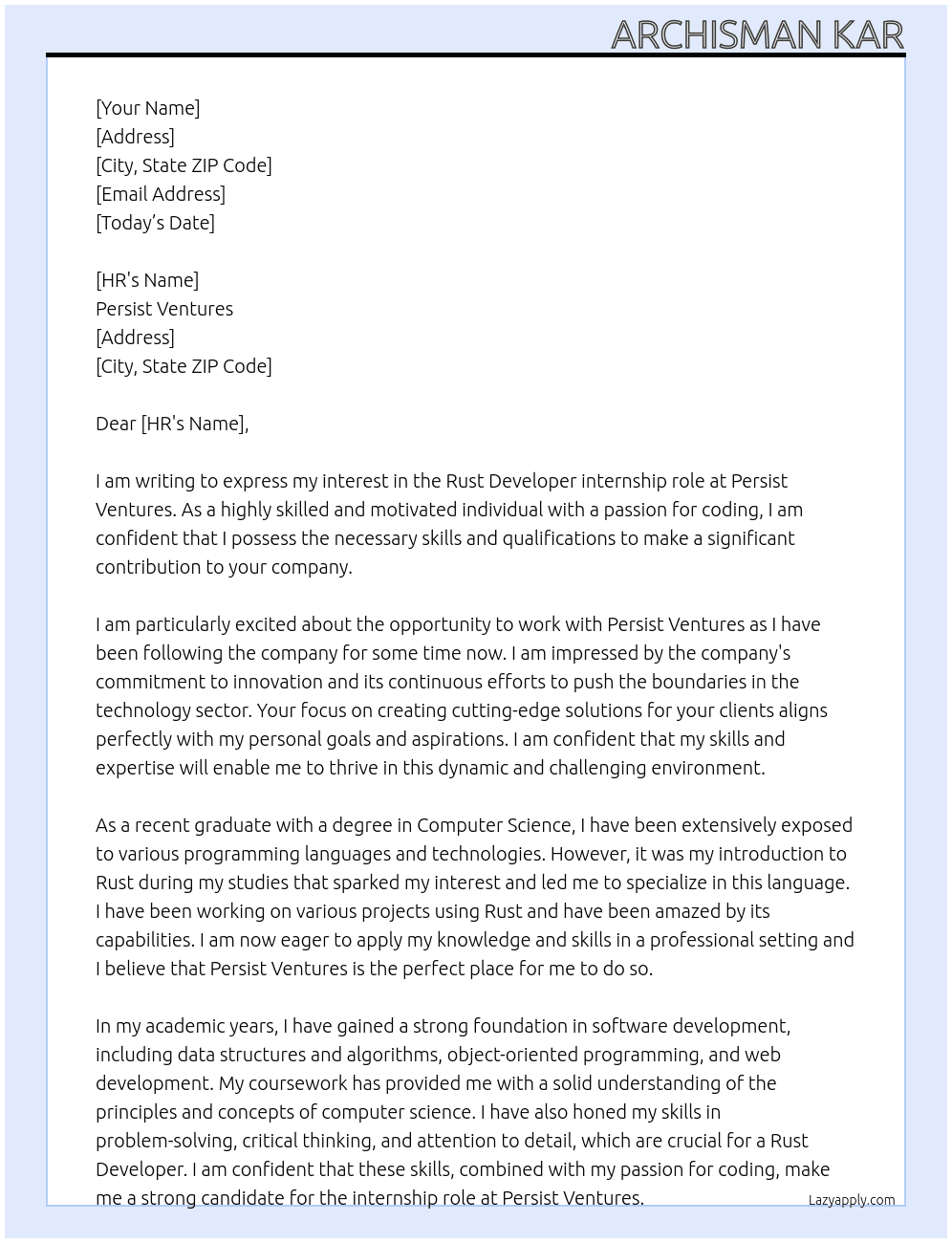 Rust developer At Persist Ventures Cover Letter