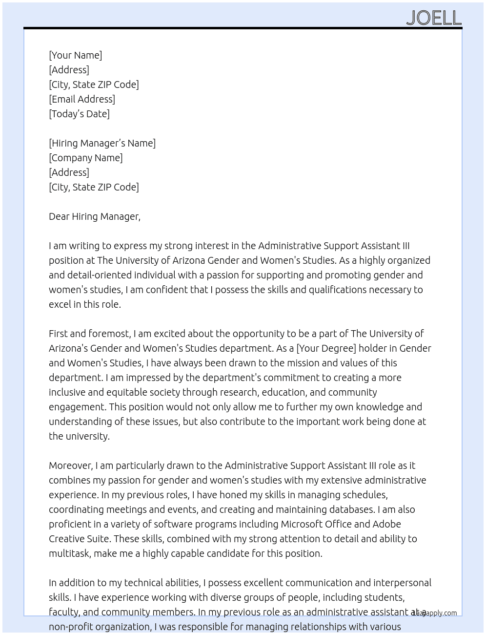 Administrative Support Assistant III At The University of Arizona Gender and Women's studies  Cover Letter