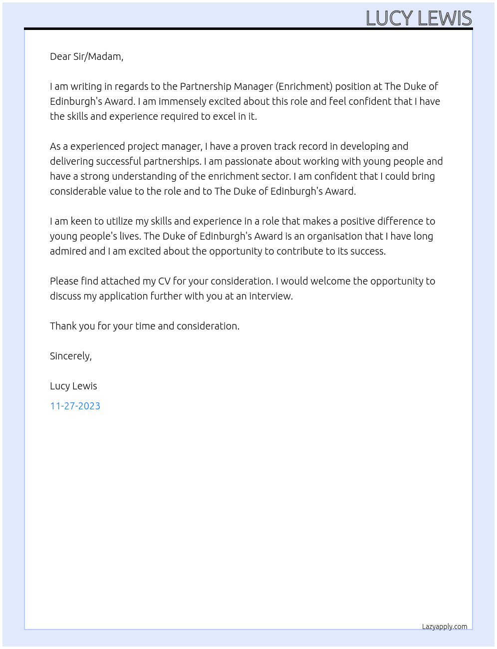 Partnership Manager (Enrichment) At The Duke of Edinburgh's Award Cover Letter