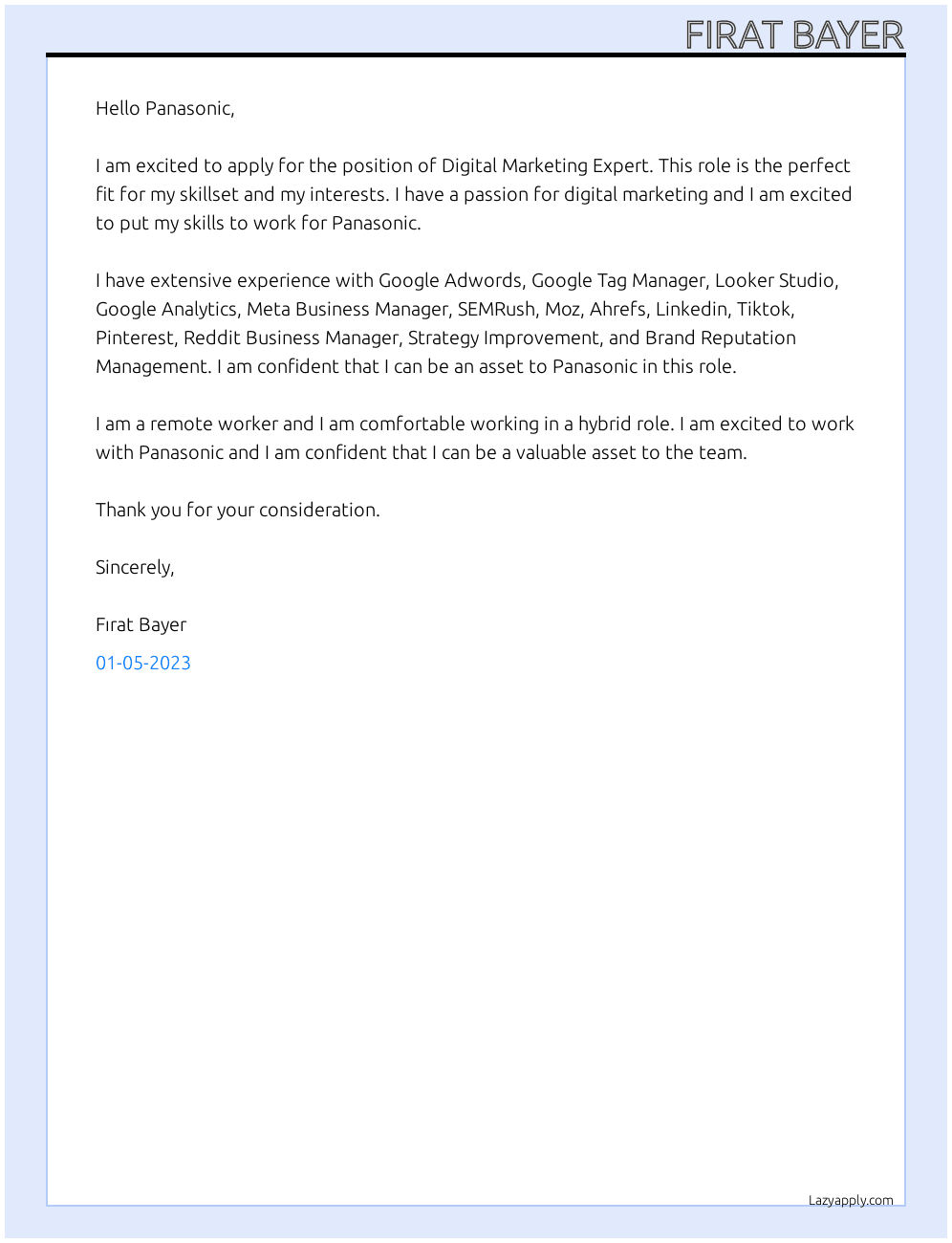 Digital Marketing Expert At Panasonic Cover Letter
