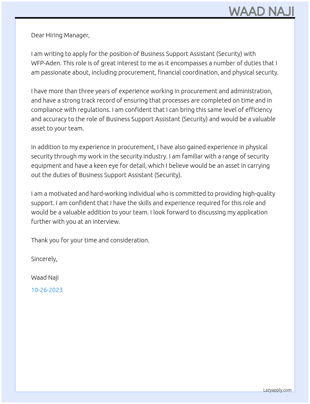  Business Support Assistant (Security)  At WFP-Aden Cover Letter
