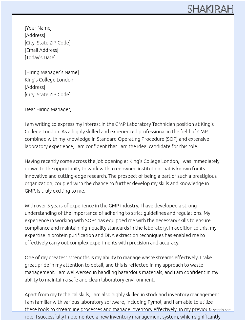GMP Laboratory Technician  At King’s College London Cover Letter
