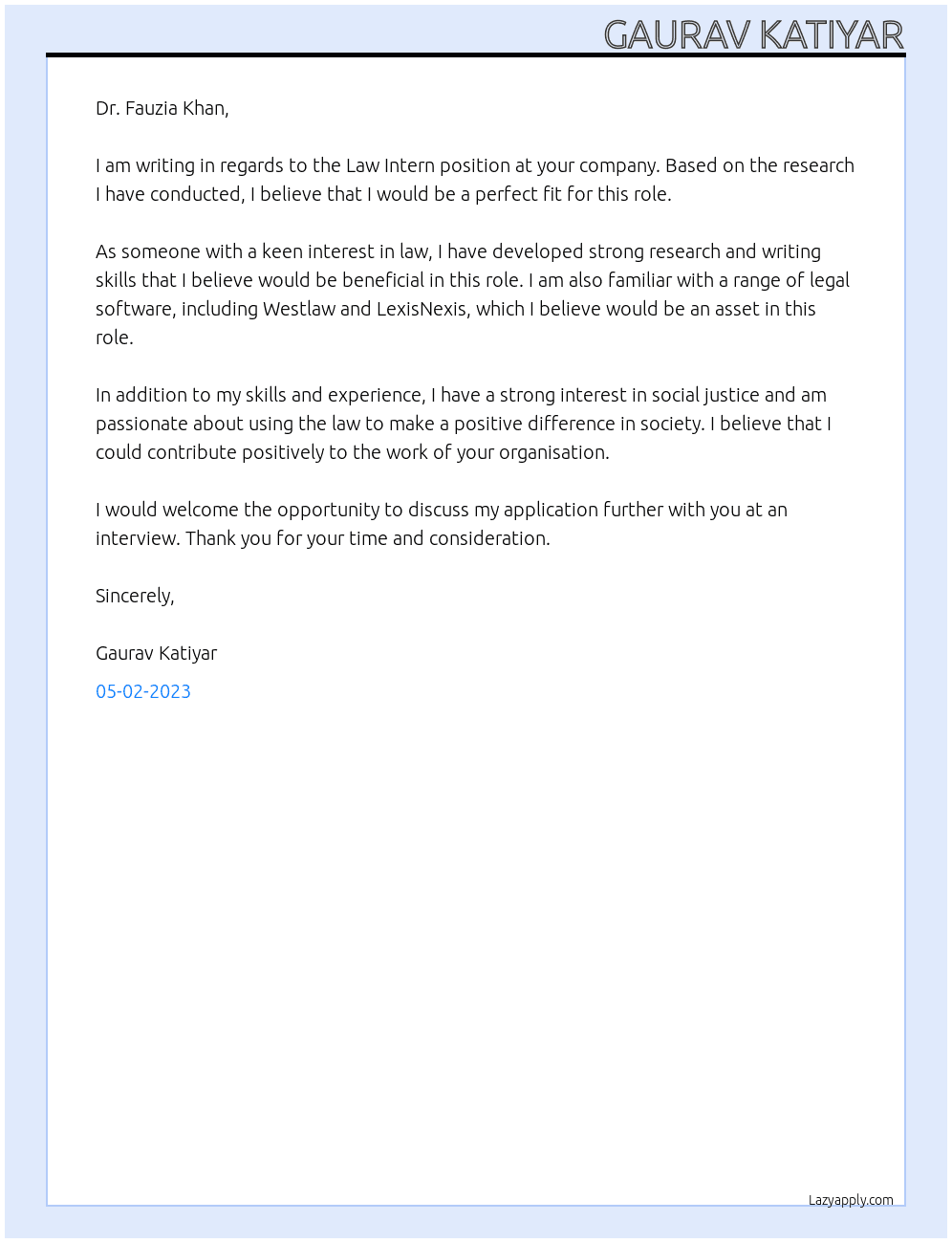 Law Intern At Office Cover Letter