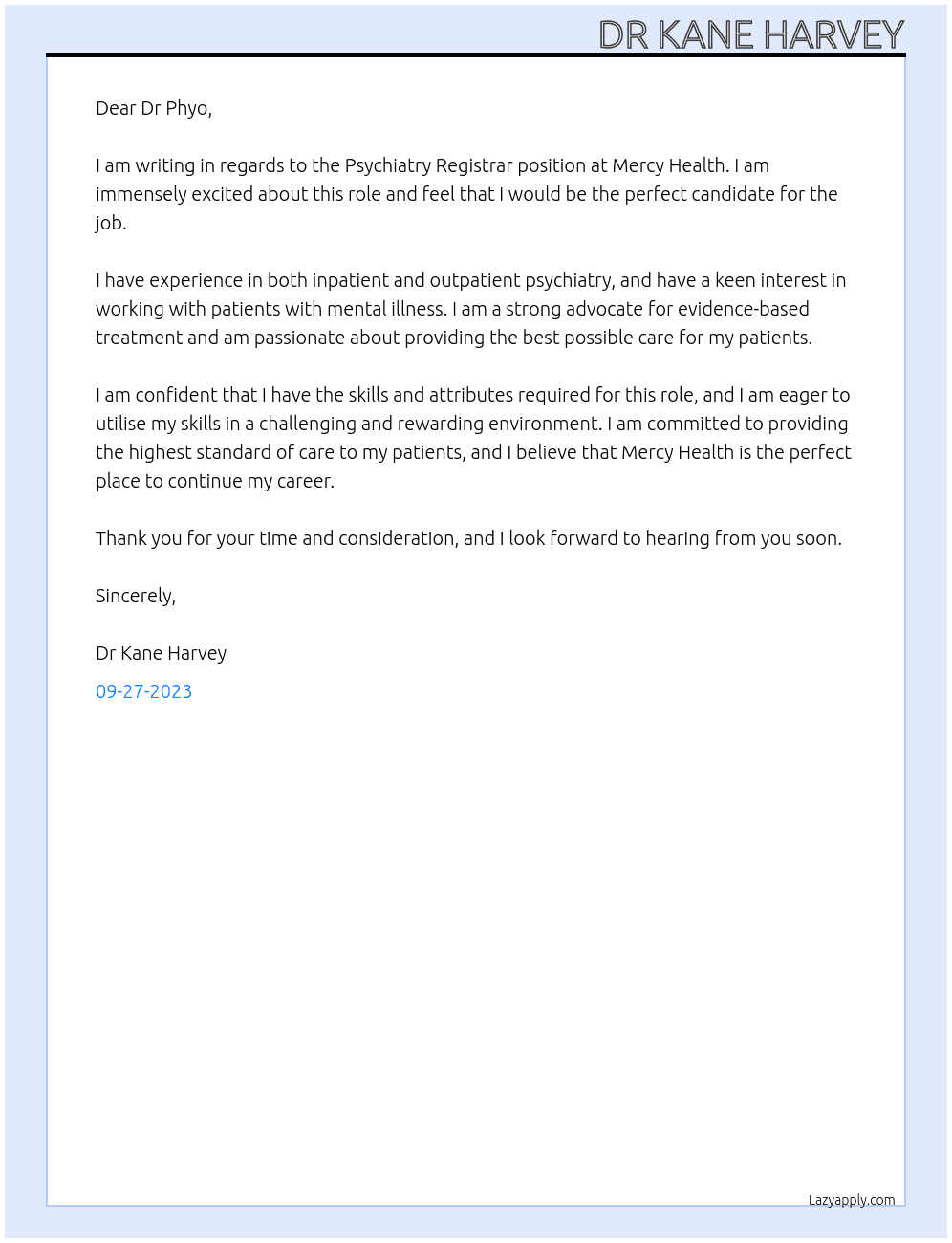 Psychiatry Registrar At Mercy Health Cover Letter