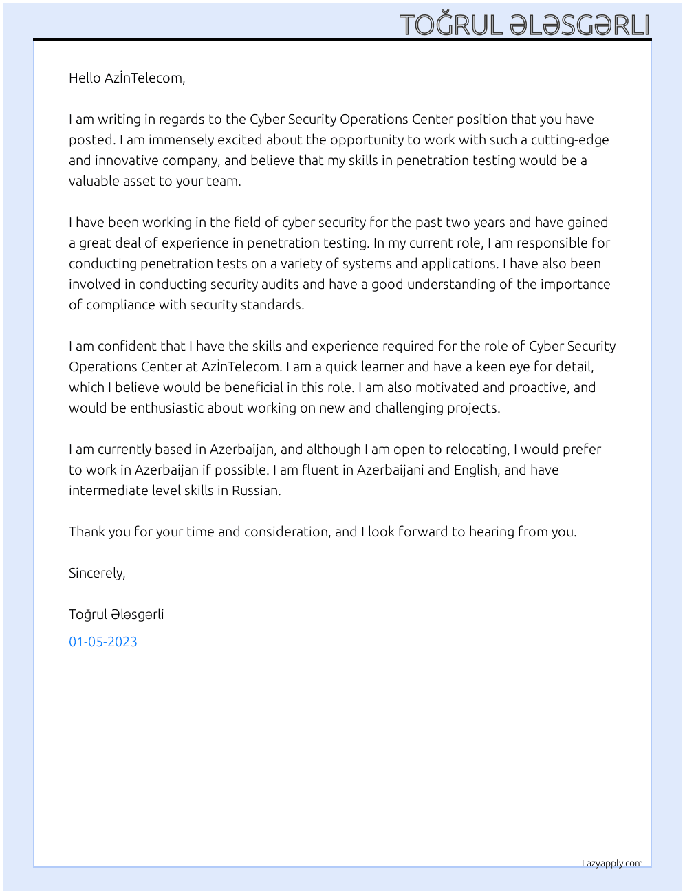 Cyber Security Operations Center At AzİnTelecom Cover Letter