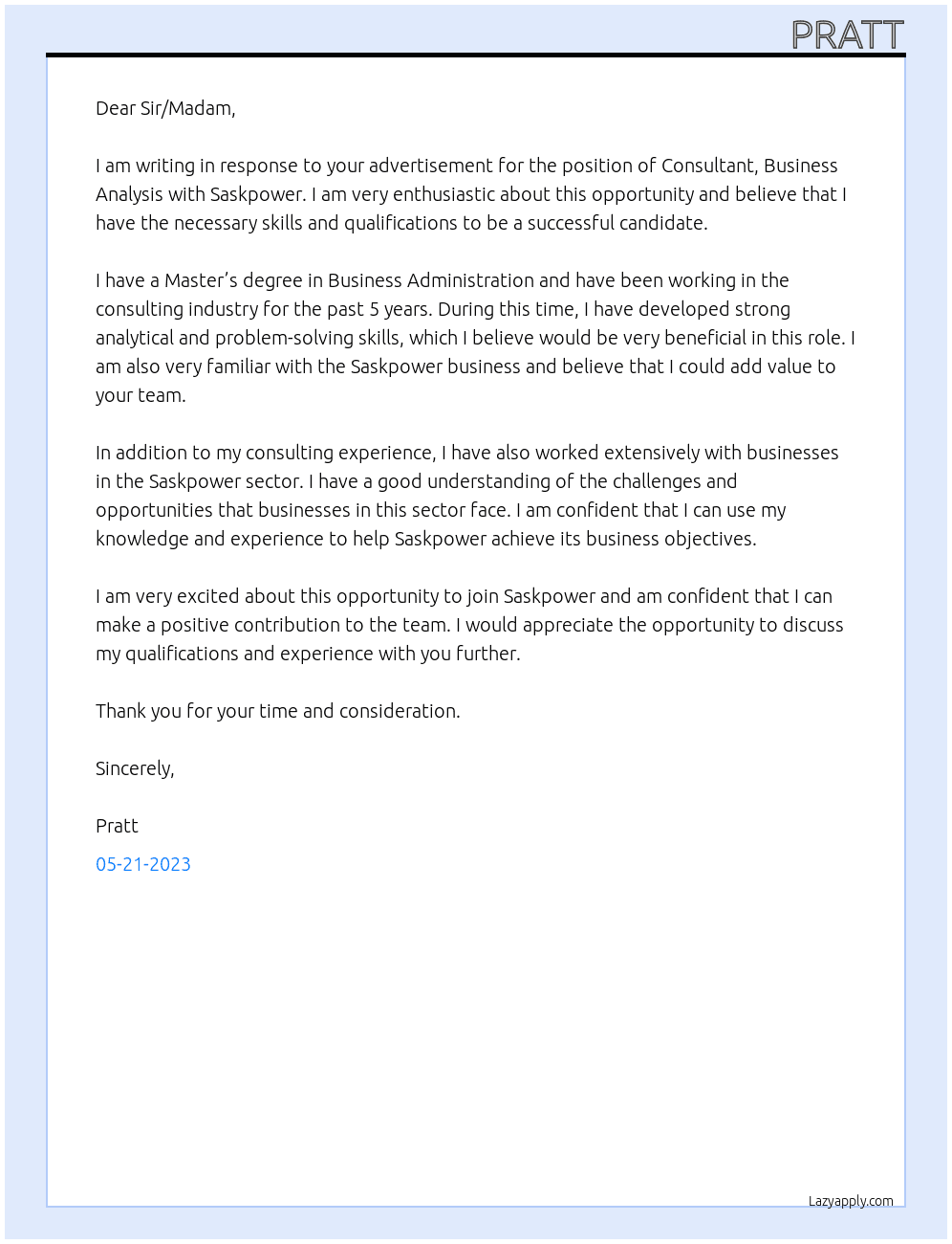 Consultant, Business Analysis At Saskpower Cover Letter