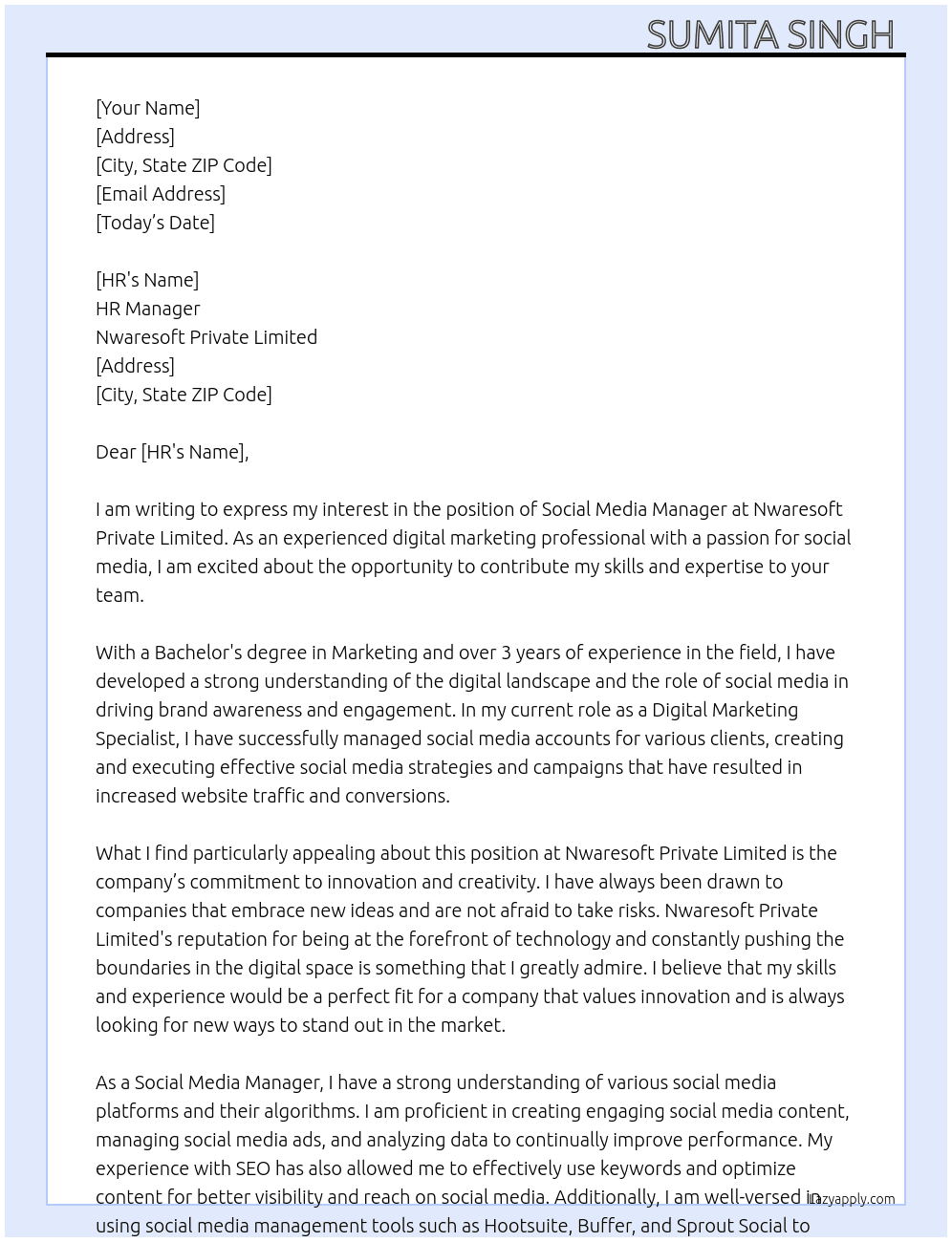 Social Media Manager  At Nwaresoft Private Limited  Cover Letter
