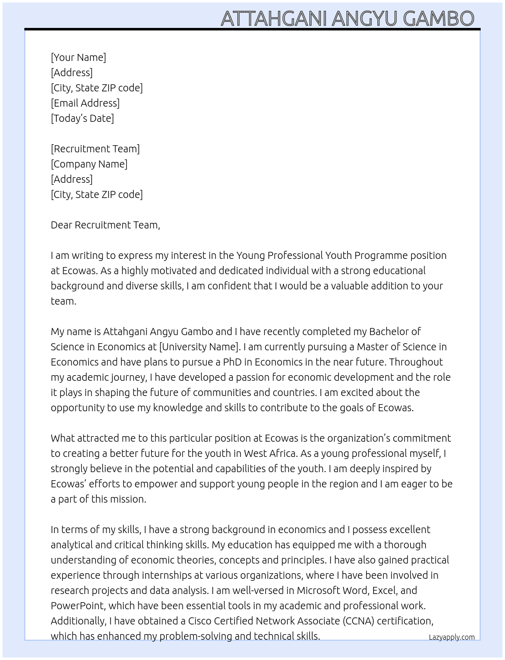 Young professional youth programme  At Ecowas Cover Letter