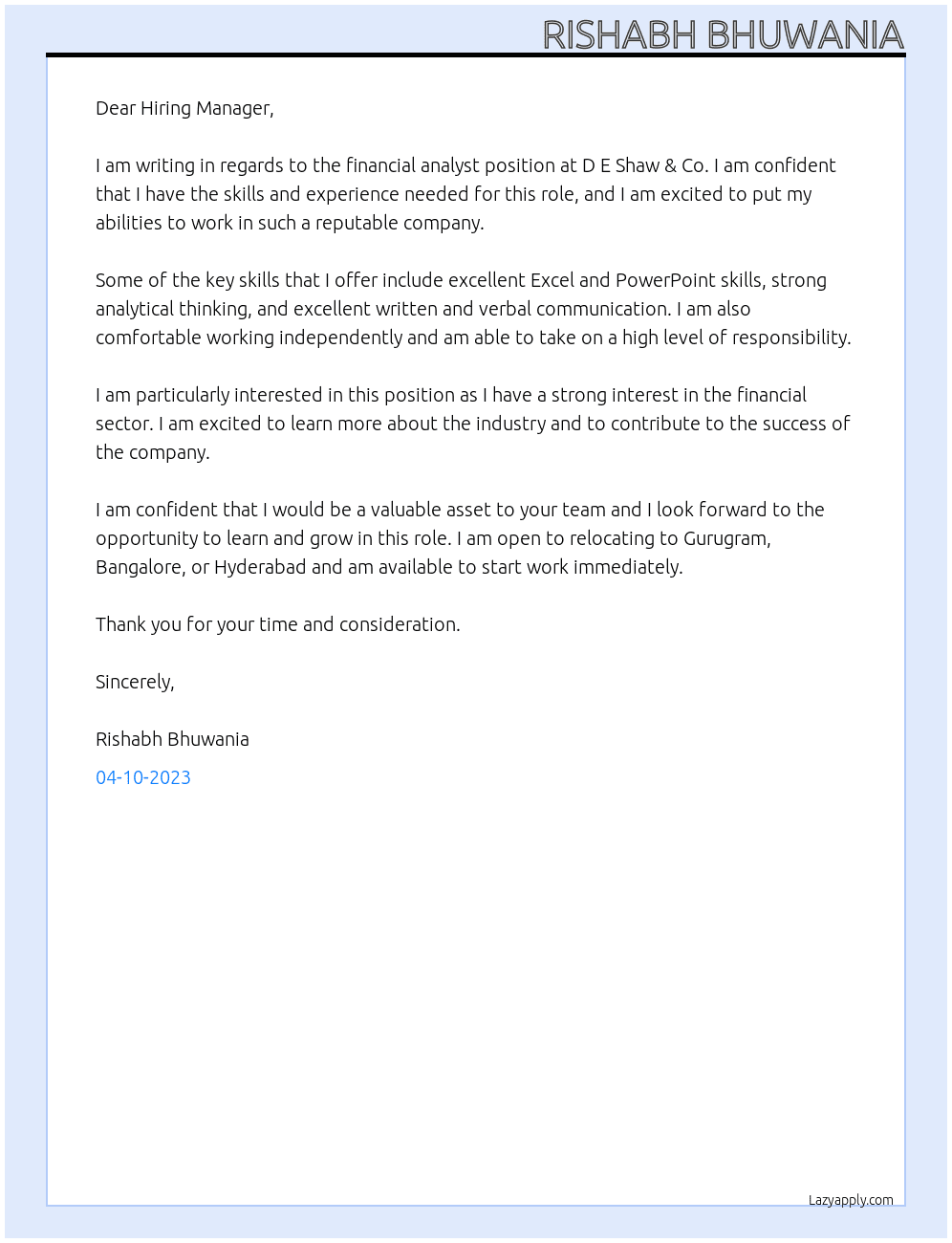 financial analyst At D E Shaw & Co. Cover Letter
