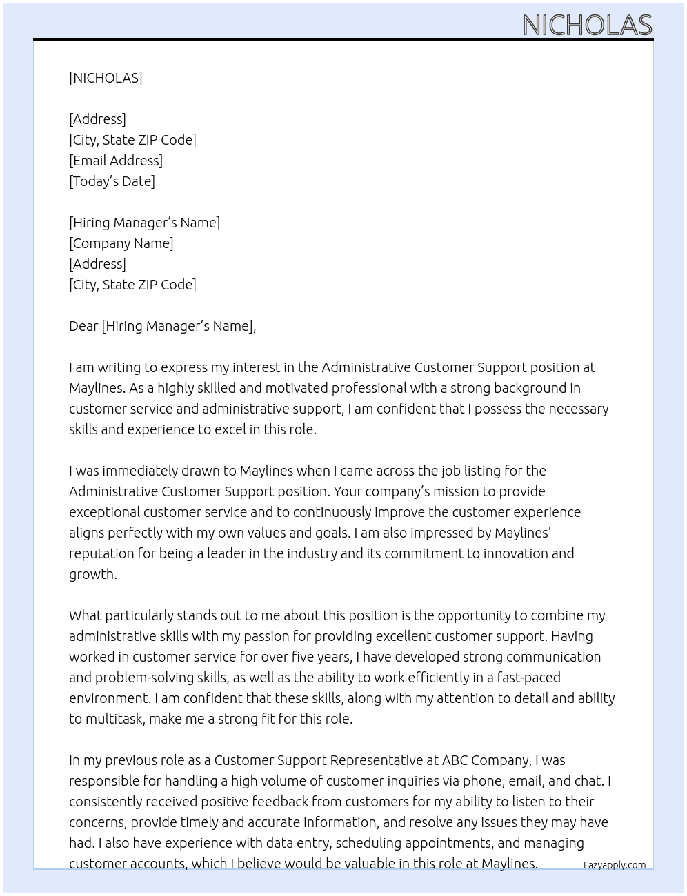 administrative customer support At MAYLINES Cover Letter