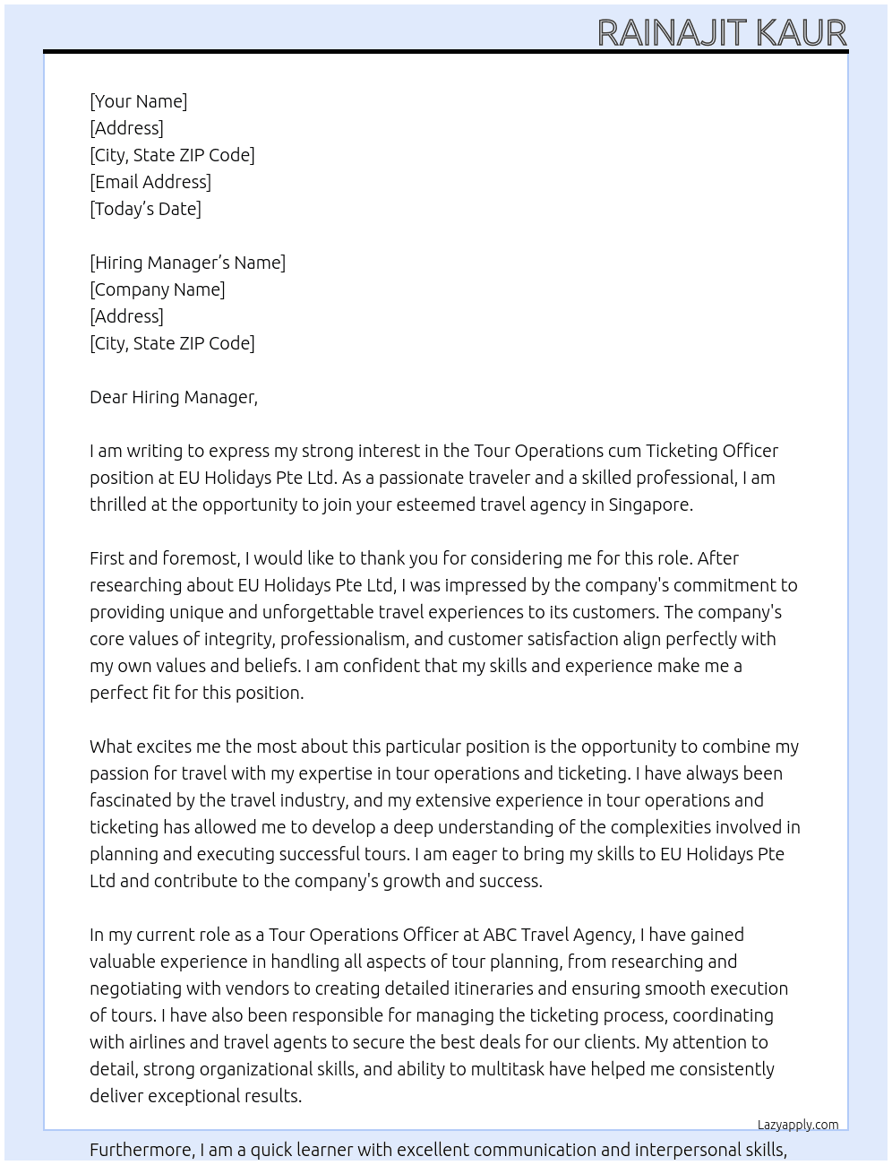 Cover letter for tour operations cum ticketing officer - LazyApply