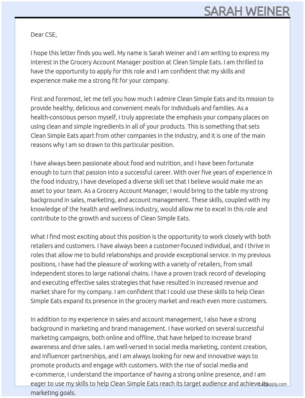 Grocery Account Manager At Clean Simple Eats  Cover Letter