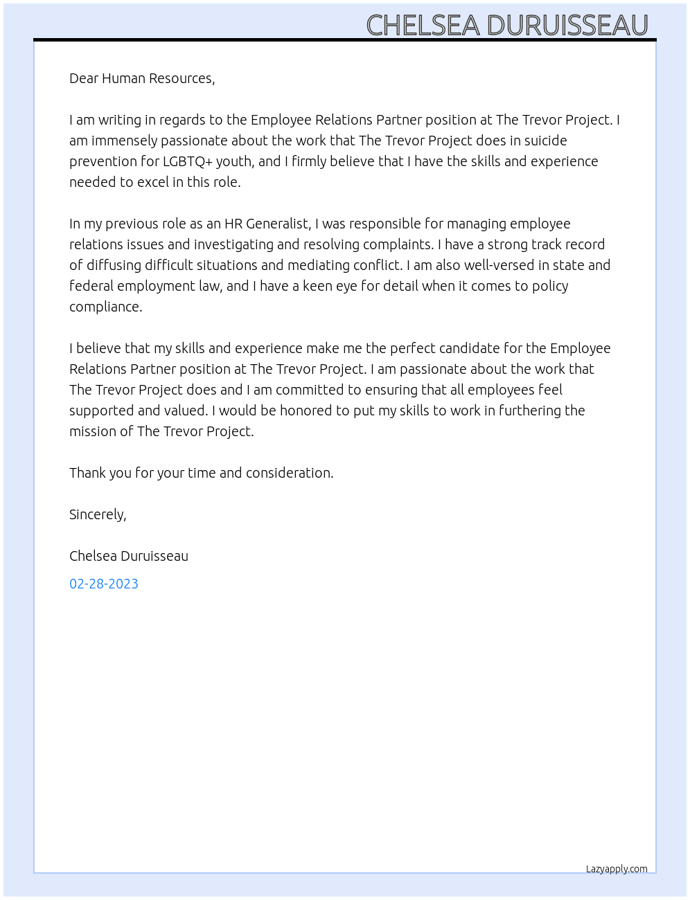 Employee Relations Partner At The Trevor Project Cover Letter