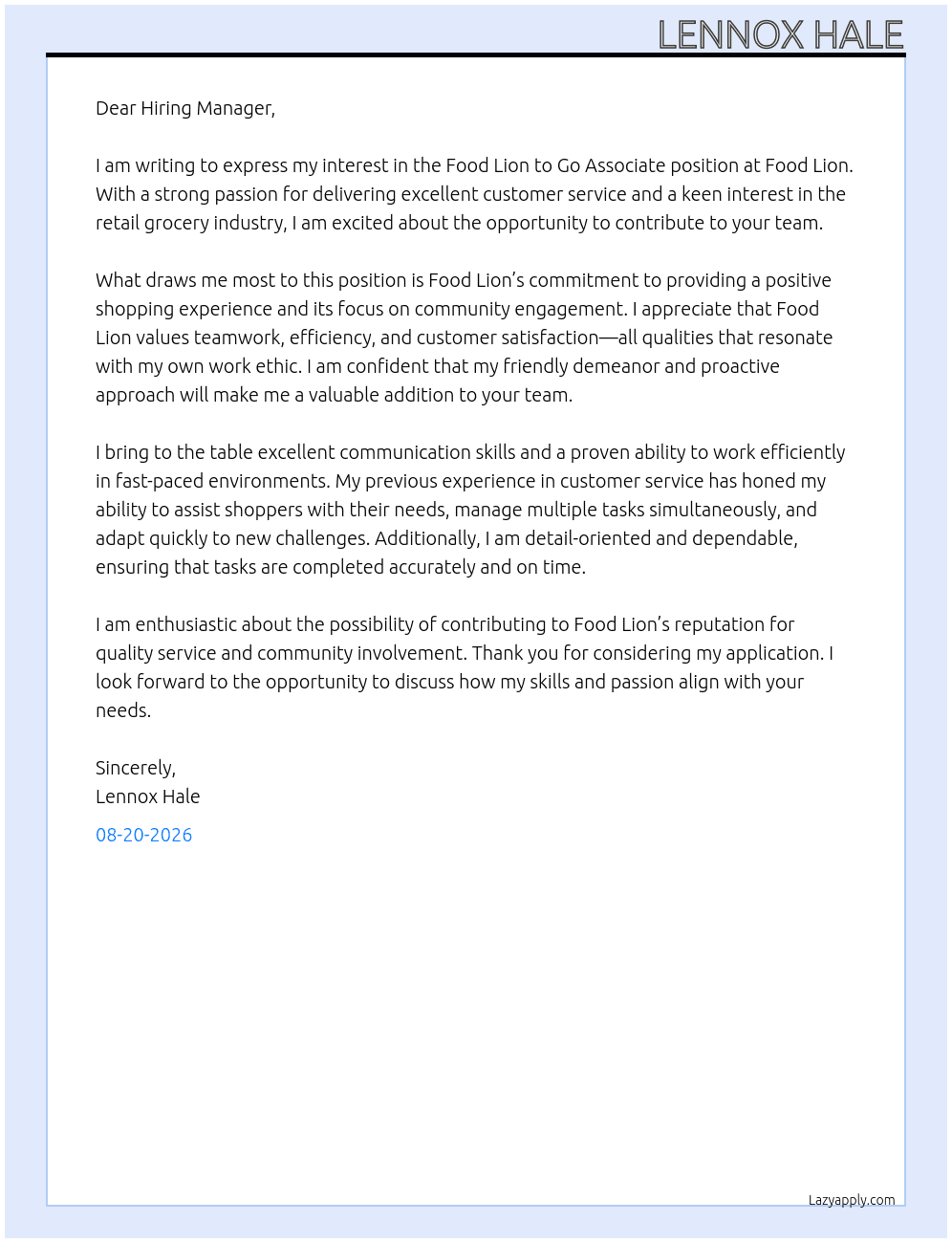 Cover letter for food lion to go associate - LazyApply