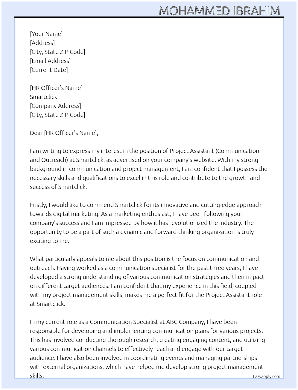 Project assistant ( communication and outreach) At Smartclick Cover Letter