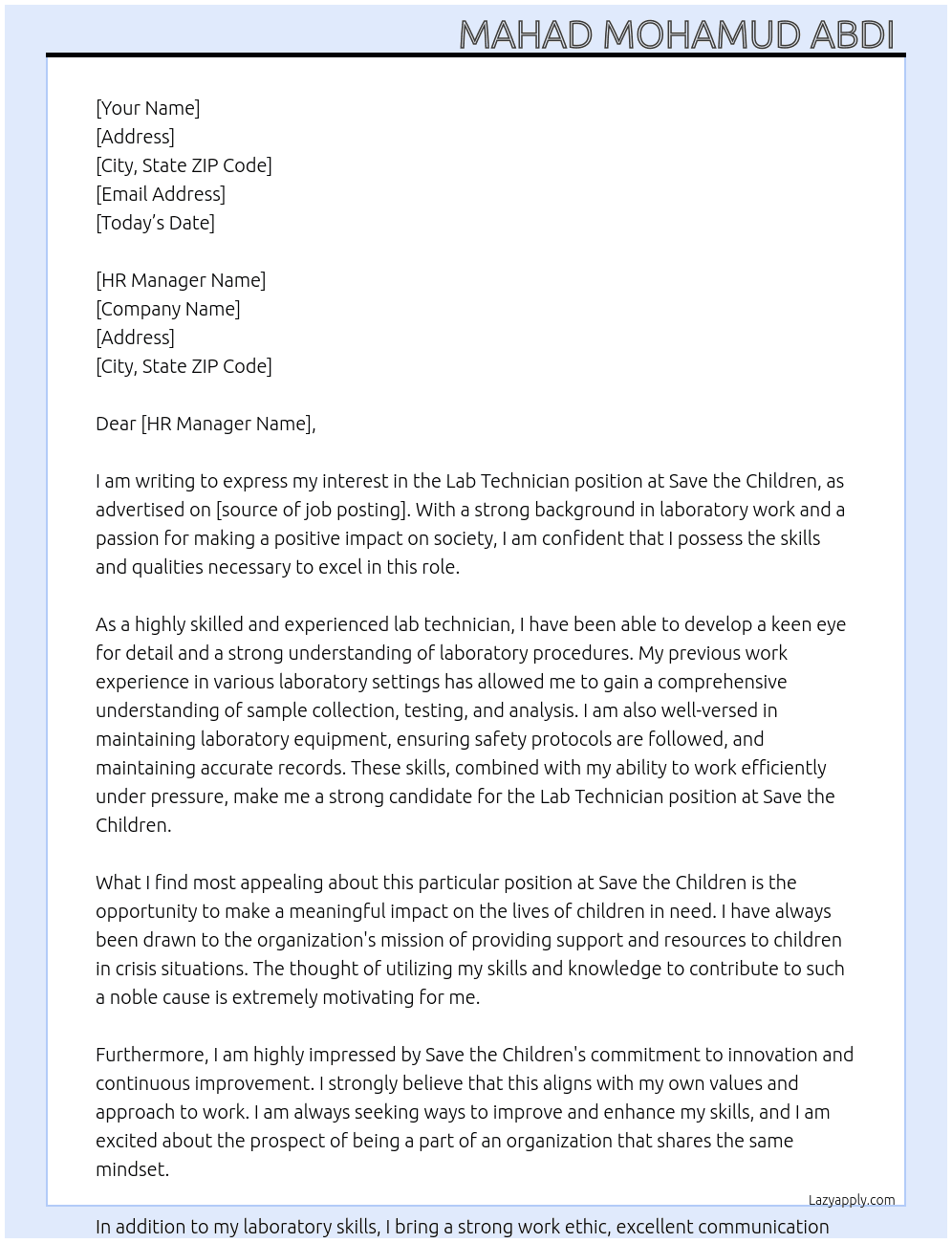 Lab technician  At SAVE THE CHILDREN  Cover Letter