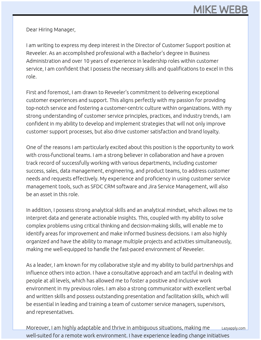 Director of Customer Support At Reveeler Cover Letter