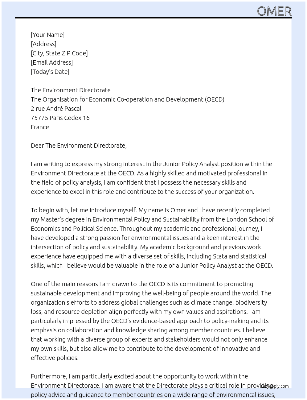 Junior Policy Analyst At OECD Cover Letter