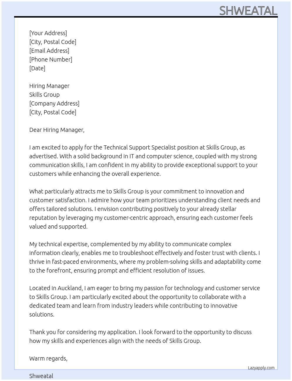 Technical Support Specialist At Skills Group Cover Letter