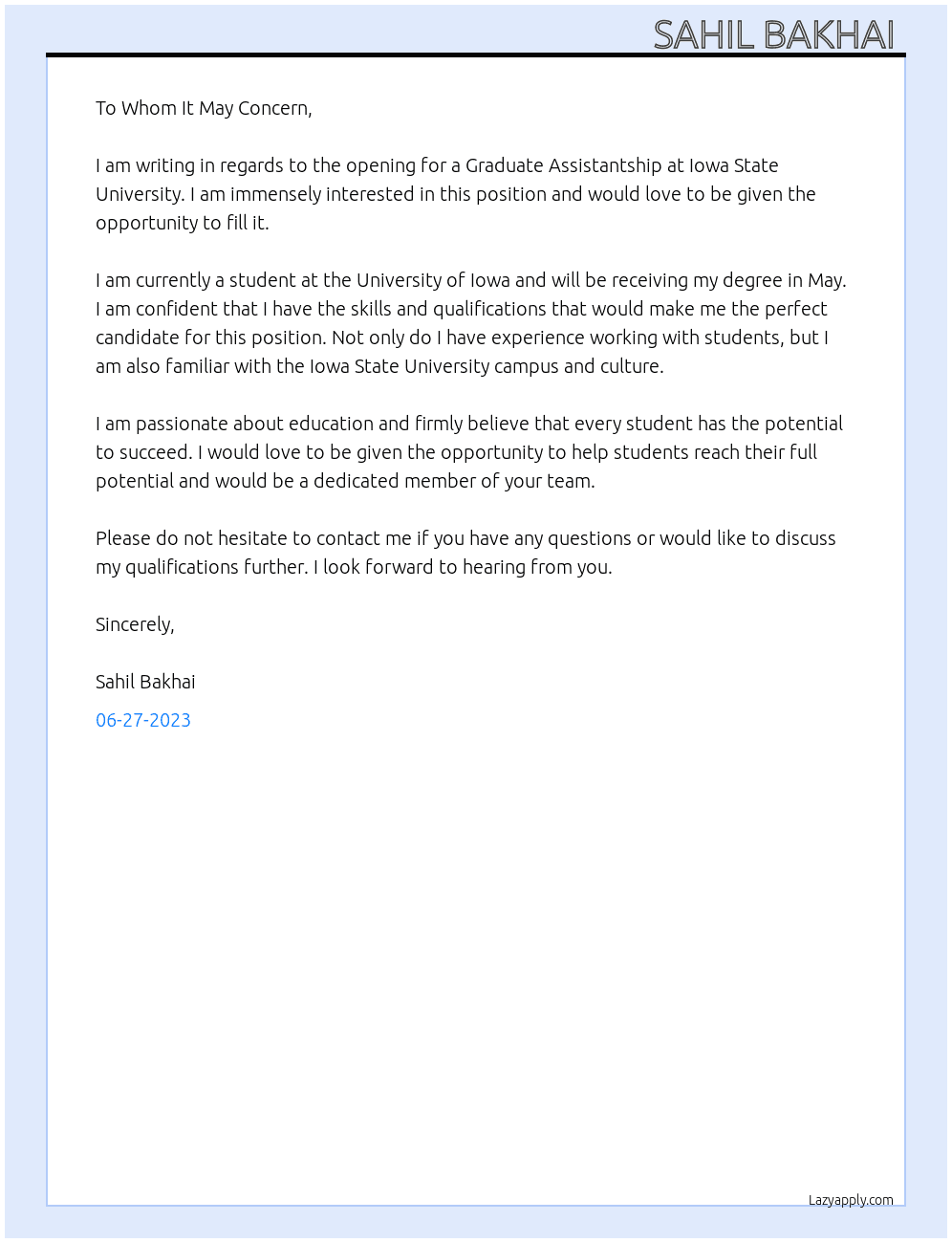 Graduate Assistantship At Iowa State University  Cover Letter