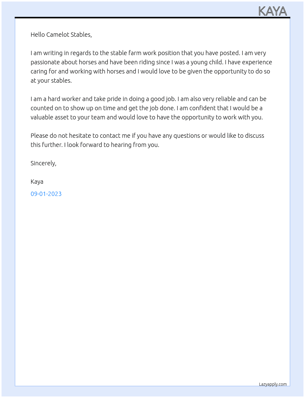 stable farm work At Camelot stables  Cover Letter