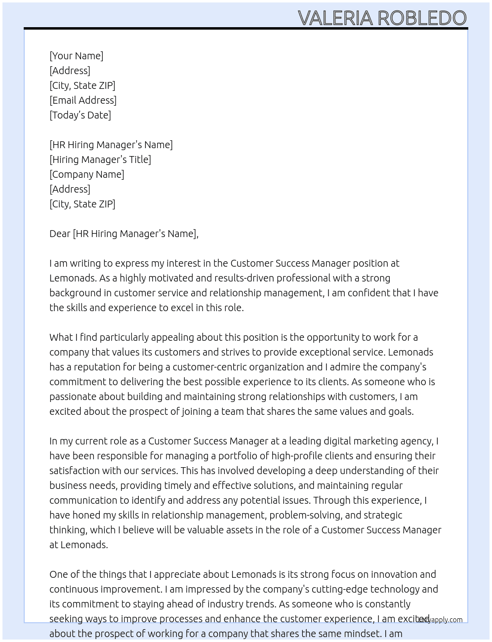 Customer Success Manager At Lemonads Cover Letter
